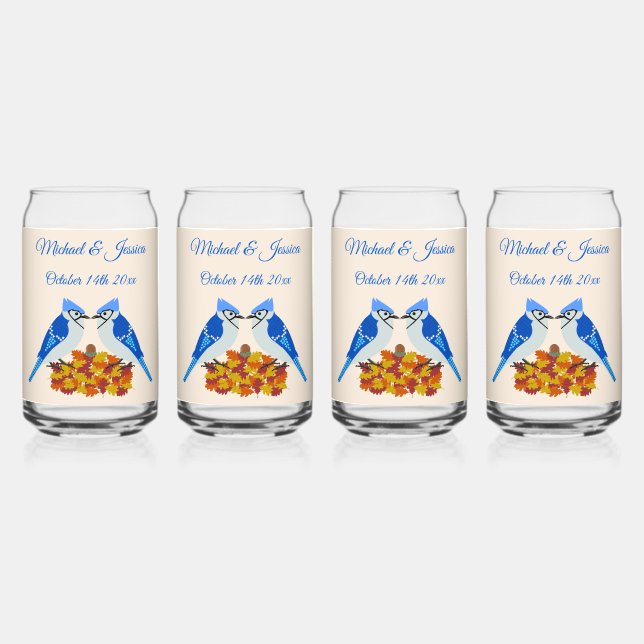 Kissing Blue Jays Fall Wedding Custom Can Glass (Back)