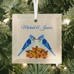 Kissing Blue Jays Fall Wedding Custom Glass Ornament