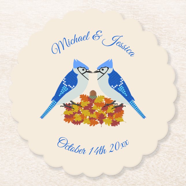 Kissing Blue Jays Fall Wedding Custom Paper Coaster (Front)