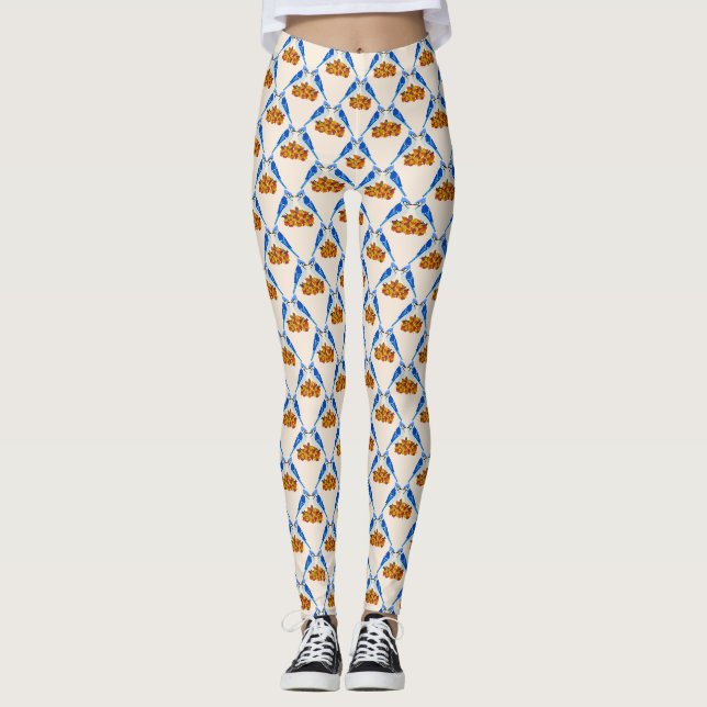 Kissing Blue Jays Fall Wedding Patterned Leggings (Front)
