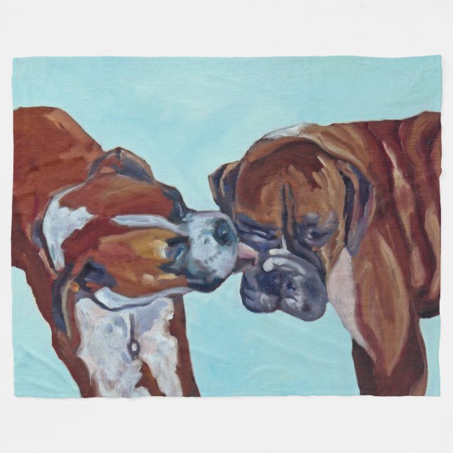 Kissing Boxer Dogs Art Fleece Blanket (Front (Horizontal))