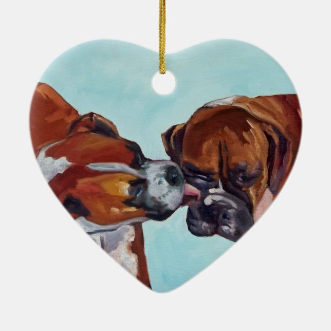 Kissing Boxer Dogs Heart Shaped Ornament (Back)