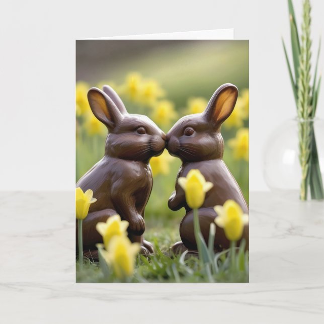 Kissing Chocolate Easter Bunnies Holiday Card (Front)