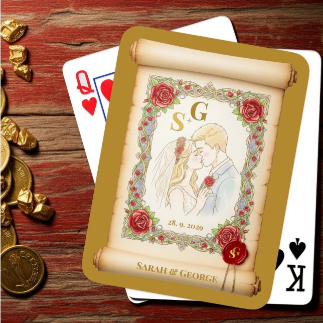 Kissing Couple Monogrammed, Gold, Wedding Scroll Playing Cards (Creator Uploaded)