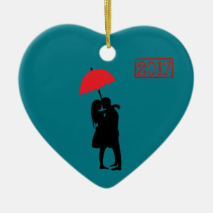 Kissing Couple Red Umbrella 2017 Ceramic Ornament