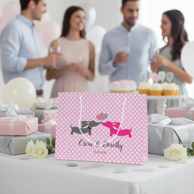 Kissing Dachshund Wedding Gift Bag Personalized   (Dachshund wedding gift bag pink)