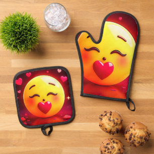 Kissing Emoji Blowing Hearts Oven Mitt & Pot Holder Set