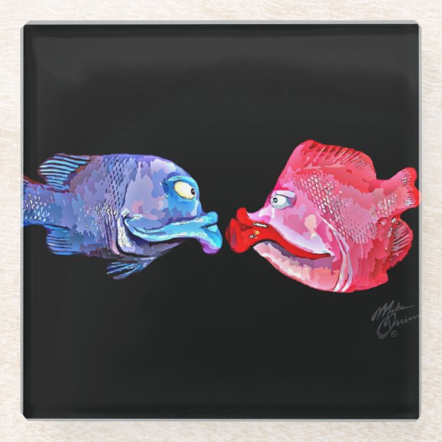 "Kissing Fish" Art by Mike Quinn Glass Coaster (Front)