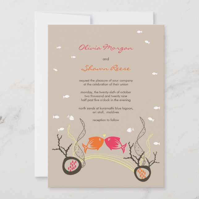 Kissing Fishes Corals Beach Whimsical Cute Wedding Invitation (Front)