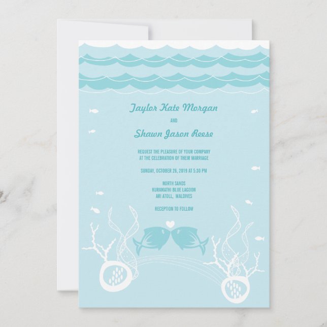 Kissing Fishes Corals Beach Whimsical Cute Wedding Invitation (Front)
