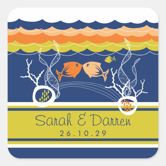 Kissing Fishes Corals Beach Whimsical Cute Wedding Square Sticker (Front)