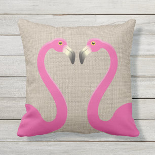 Kissing Flamingos Burlap Linen Outdoor Pillow