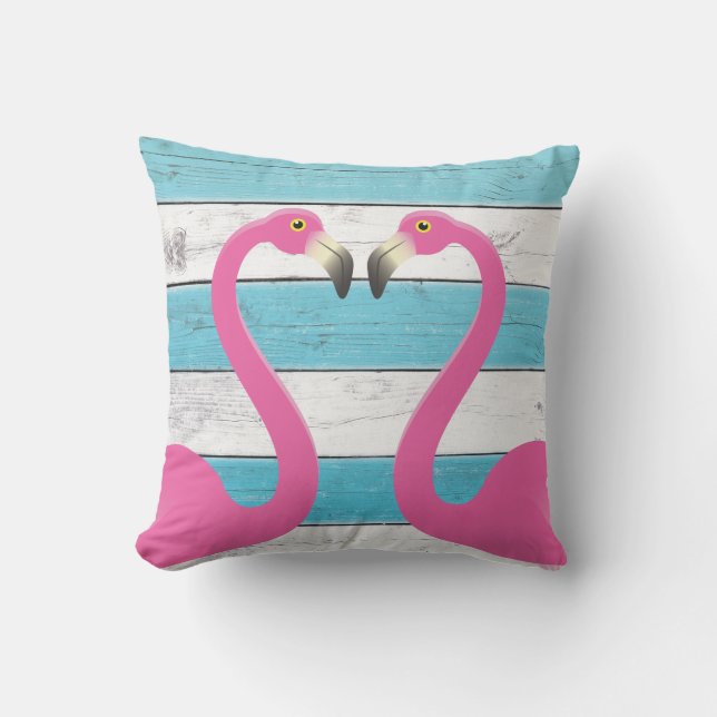 Kissing Flamingos Turquoise Outdoor Pillow (Front)
