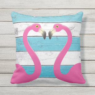 Kissing Flamingos Turquoise Outdoor Pillow