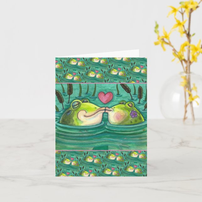 KISSING FROGS COLORFUL & CUTE POND ROMANCE, Blank Card (Yellow Flower)