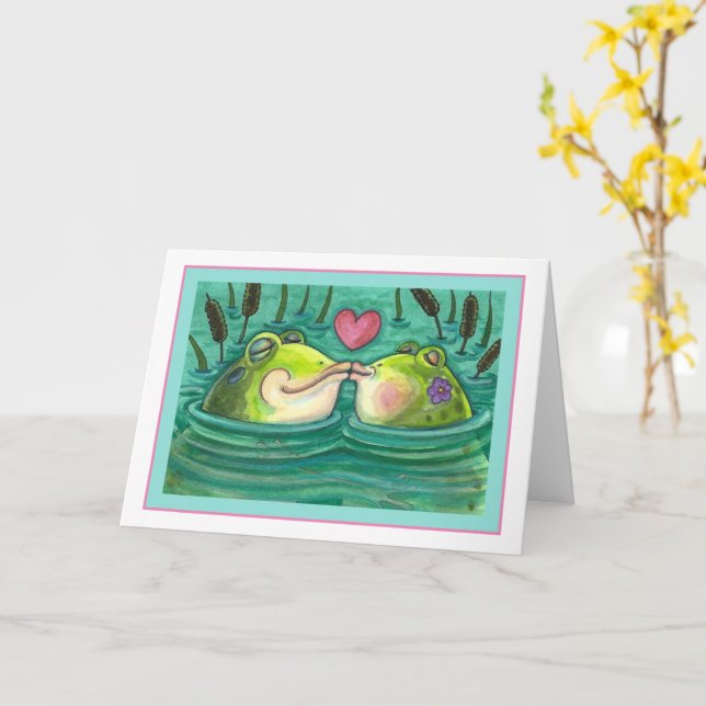 KISSING FROGS COLORFUL & CUTE POND ROMANCE, Blank Card (Yellow Flower)
