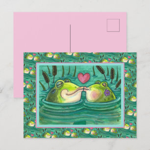 KISSING FROGS COLORFUL & CUTE POND ROMANCE, FUNNY HOLIDAY POSTCARD