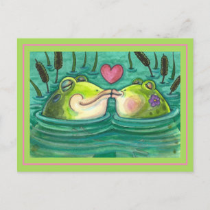 KISSING FROGS COLORFUL & CUTE POND ROMANCE, FUNNY POSTCARD