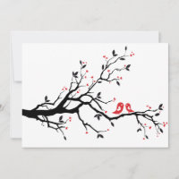 Kissing love birds on tree with red hearts