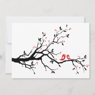 Kissing love birds on tree with red hearts