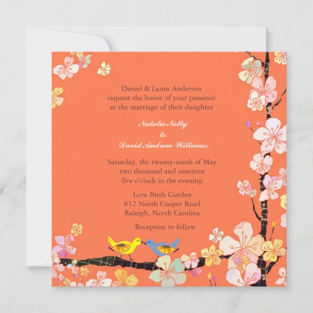 Kissing Love Birds Orange Wedding Invitation (Front)