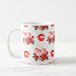 Kissing Mouth With Heart And Red Roses Pattern Coffee Mug