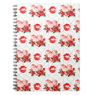 Kissing Mouth With Heart And Red Roses Pattern Notebook