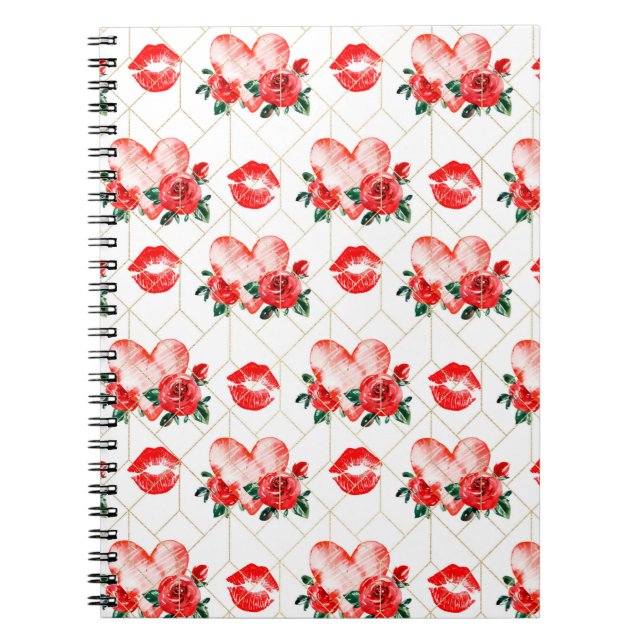 Kissing Mouth With Heart And Red Roses Pattern Notebook (Front)
