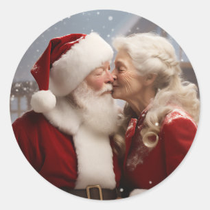 Kissing Mr and Mrs Santa Claus Classic Round Sticker