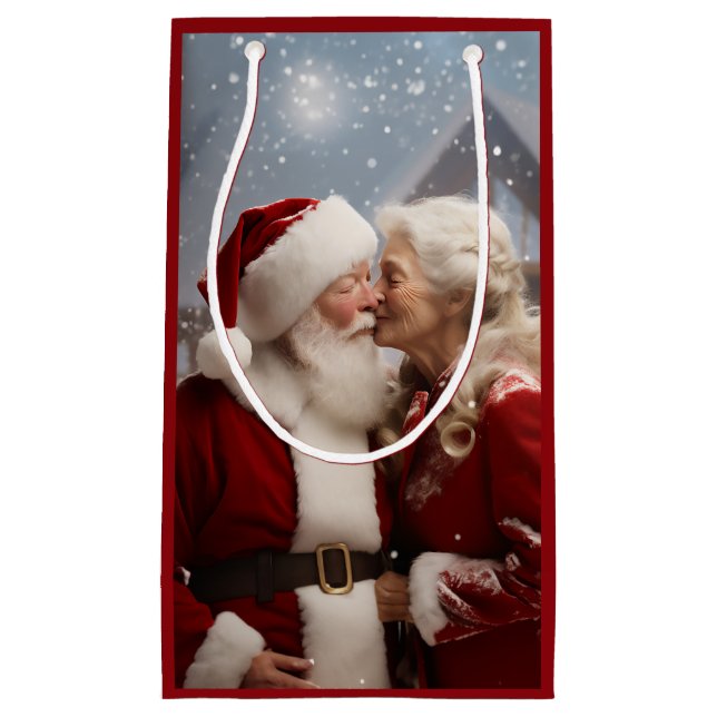 Kissing Mr and Mrs Santa Claus Small Gift Bag (Front)
