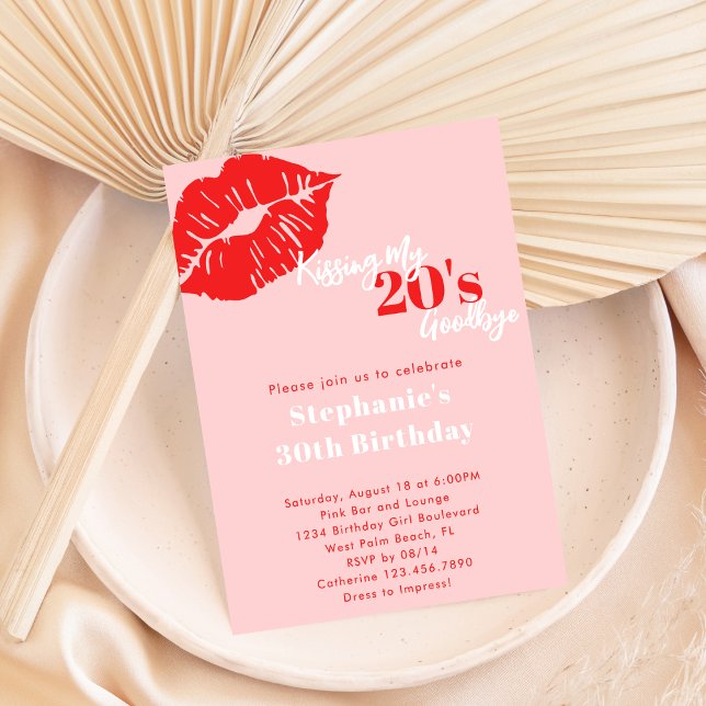 Kissing my 20s Goodbye Pink & Red 30th Birthday Invitation (Creator Uploaded)