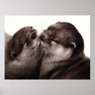 Kissing Otters - Hand Painted Wildlife Art Poster