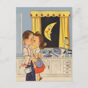 Kissing Over Dishes Postcard