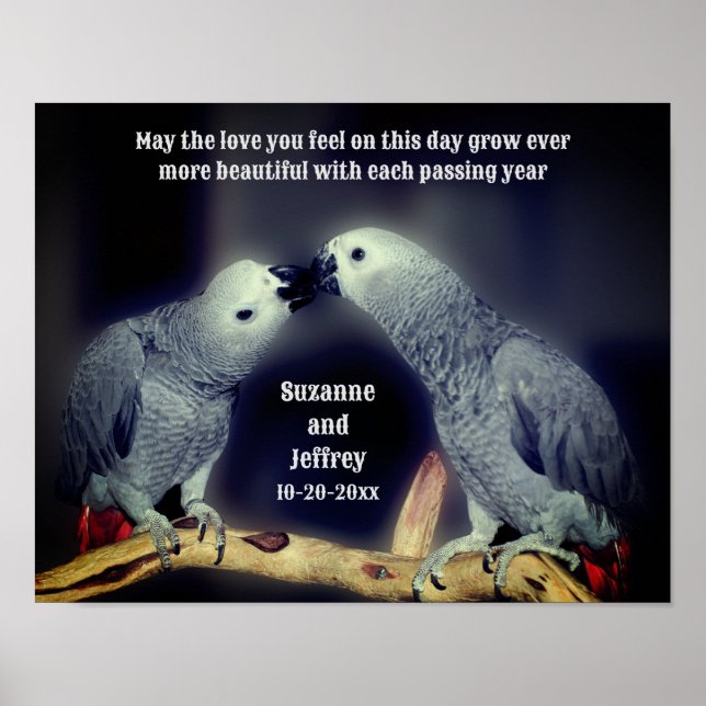 Kissing Parrots Cute Personalized Wedding Gift Poster (Front)