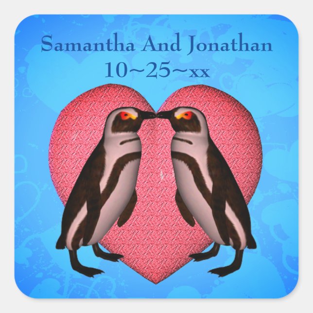 Kissing Penguins Heart Personalized Wedding  Square Sticker (Front)