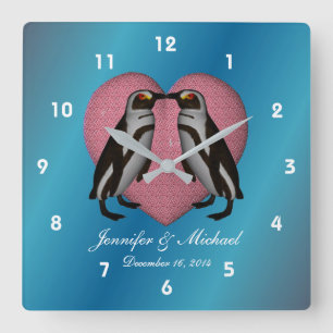 Kissing Penguins Pink Heart Personalized Wedding Square Wall Clock