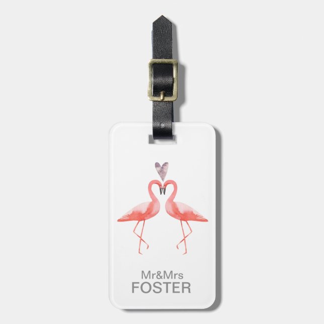 Kissing pink flamingos Mr & Mrs monogram Luggage Tag (Front Vertical)