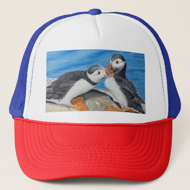 Kissing Puffins Trucker Hat (Front)