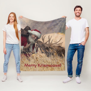 Kissing Santa and Moose  Fleece Blanket