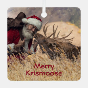 Kissing Santa and Moose Metal Ornament