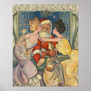 Kissing Santa Claus Vintage Christmas Poster