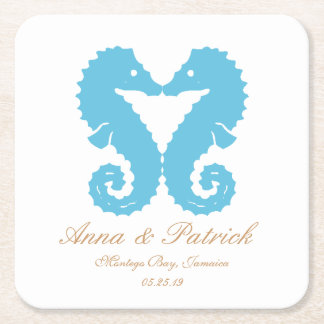 Kissing Seahorses-Destination Beach Wedding Favour Square Paper Coaster