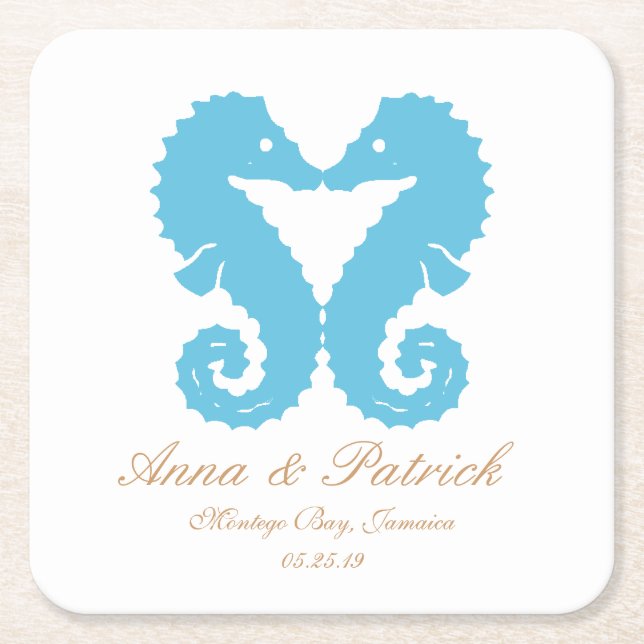 Kissing Seahorses-Destination Beach Wedding Favour Square Paper Coaster (Front)