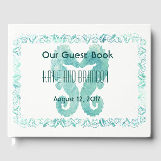 Kissing Seahorses Wedding Guest Book Turquoise