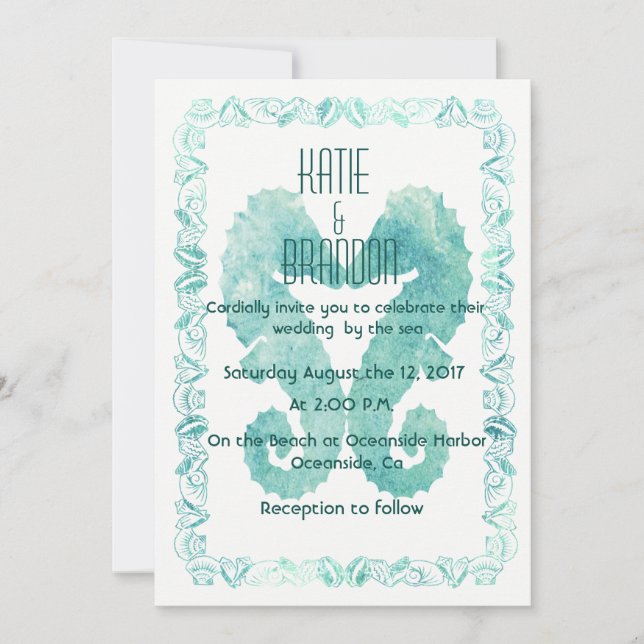 Kissing Seahorses Wedding Invitation in Turquoise (Front)