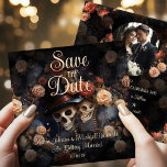 Kissing Skeletons Gothic Save The Date Card<br><div class="desc">Experience the mysterious allure and dark romance of my Vintage Gothic Blush Pink and Russet Roses Kissing Skeletons Wedding Save the Date card. This unique announcement, featuring kissing skeletons amidst blush pink and russet roses, sets the tone for your gothic-inspired wedding. Impress with this customizable square card, merging elegant Victorian...</div>