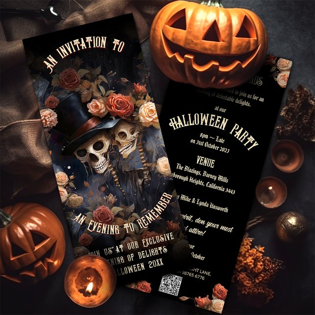 Kissing Skeletons Gothic Vintage QR Code Halloween Invitation (Creator Uploaded)