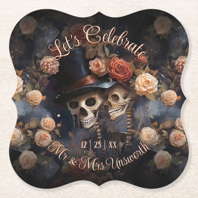 Kissing Skulls Let's Celebrate Gothic Wedding Paper Coaster (Front)