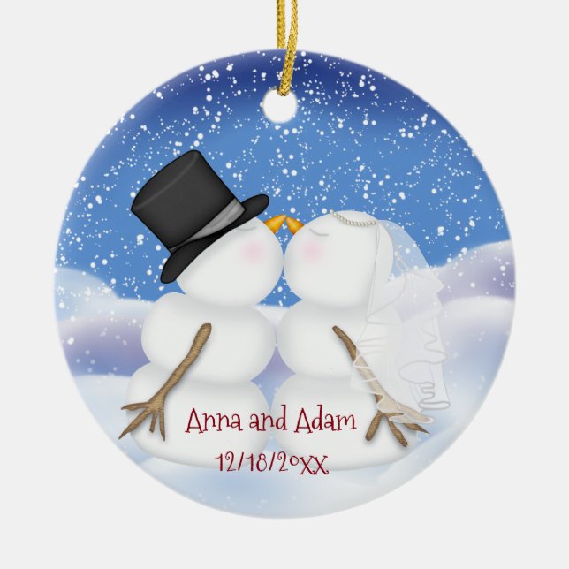 Kissing Snowmen Bride and Groom Ceramic Ornament (Front)