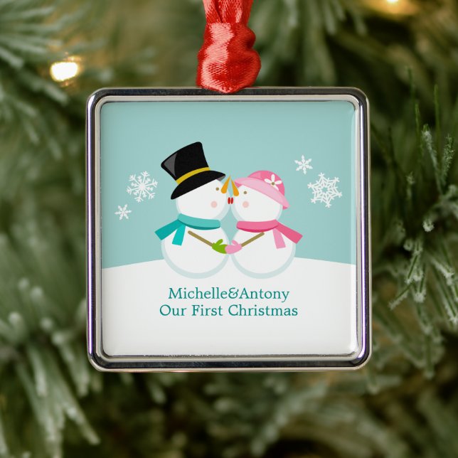 Kissing Snowmen Christmas Metal Ornament (Tree)